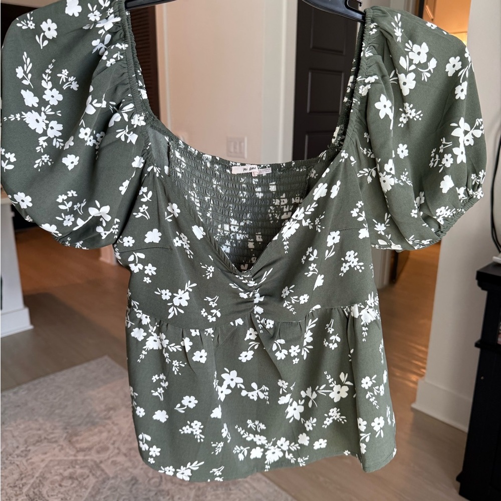 Floral Puff Sleeve Top - Green